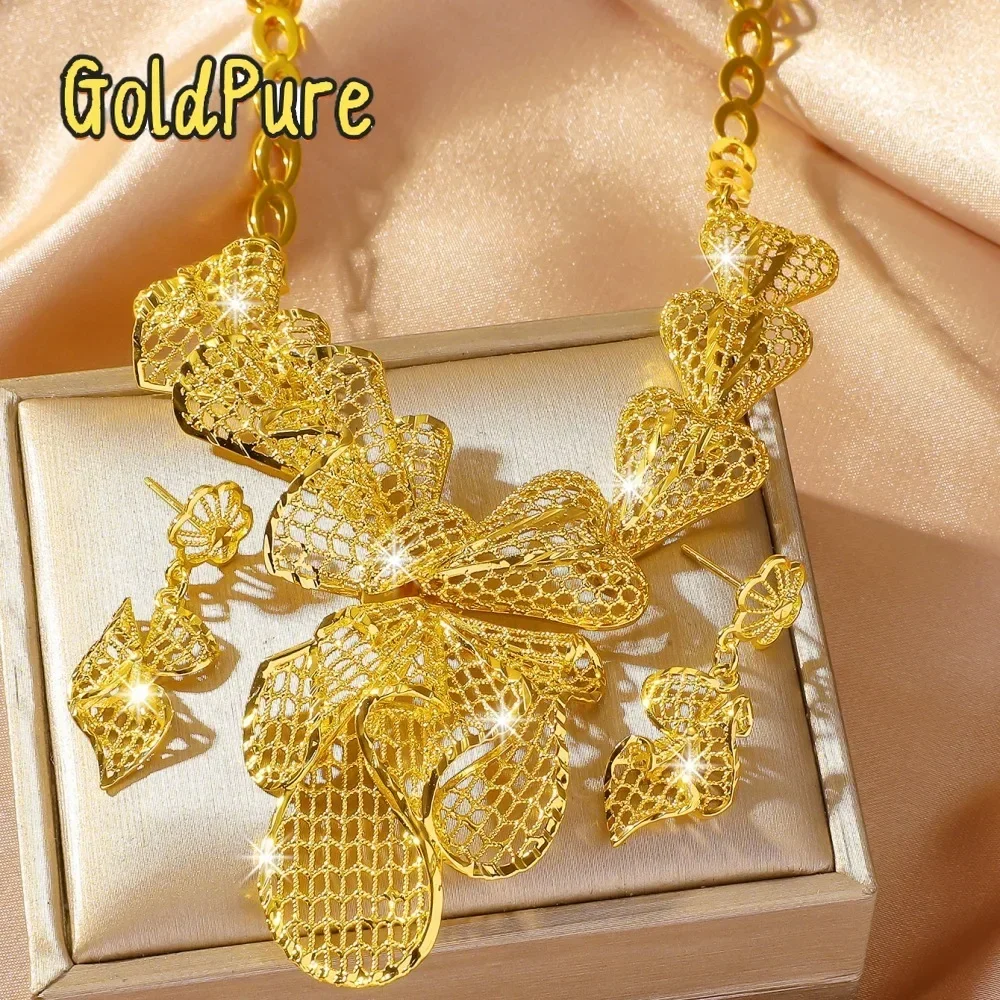 Goldpure Luxury 24K 9999 Pure Gold real gold Middle East Bride Unique Flower Necklace Earrings Set Chain