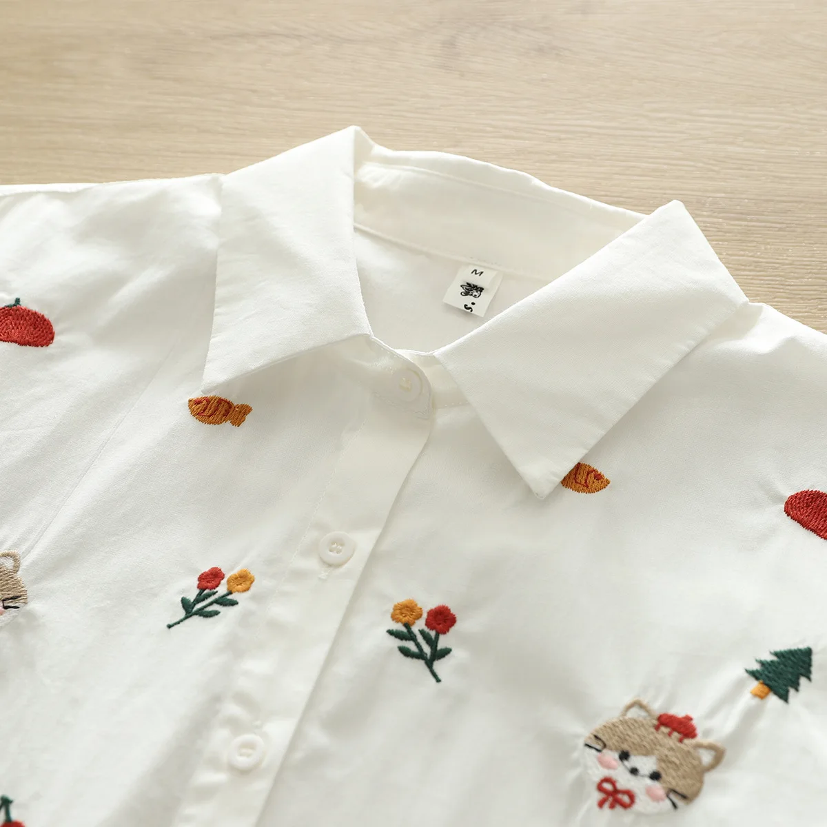 New Spring Cotton Embroidery Commute Shirt Women Lapel Short Sleeve Cute Top Girl Versatile Casual Blouses 2024 Autumn T45343QC