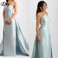 Lily Light Blue Prom Dress Shiny Beading Halter Party Dresses Stain  Sleeveless Celebrity Gowns with Detachable Tail Customized