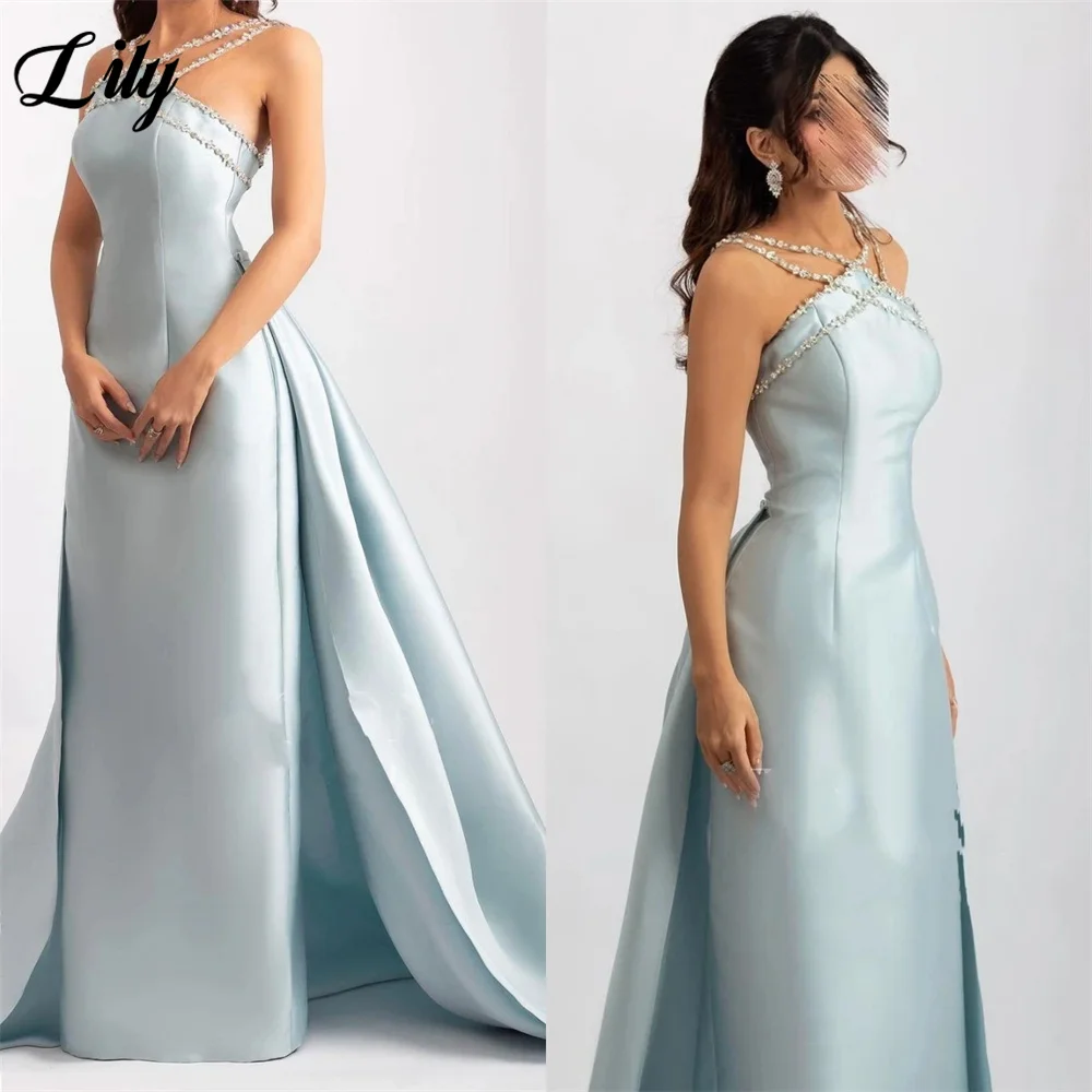 Lily Abito da ballo azzurro Abiti da festa con scollo all'americana con perline lucide Abiti da celebrità senza maniche con coda staccabile personalizzati