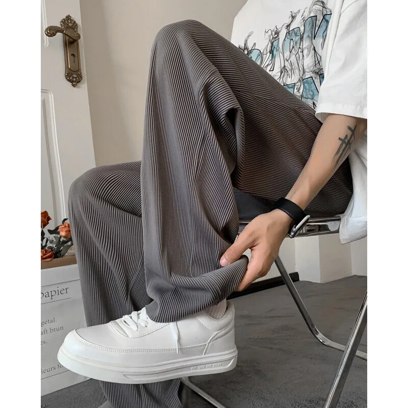 Summer Casual Pants Men Gray Black Wide Leg Pants Men Japanese Streetwear Loose Ice Silk Pants Mens Trousers Large Size 4XL