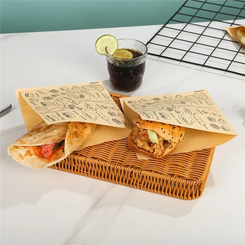 50Pcs Disposable Double Open Oil Proof Kraft Paper Bags Breakfast Sandwich Toast Hamburger Pancake Packaging