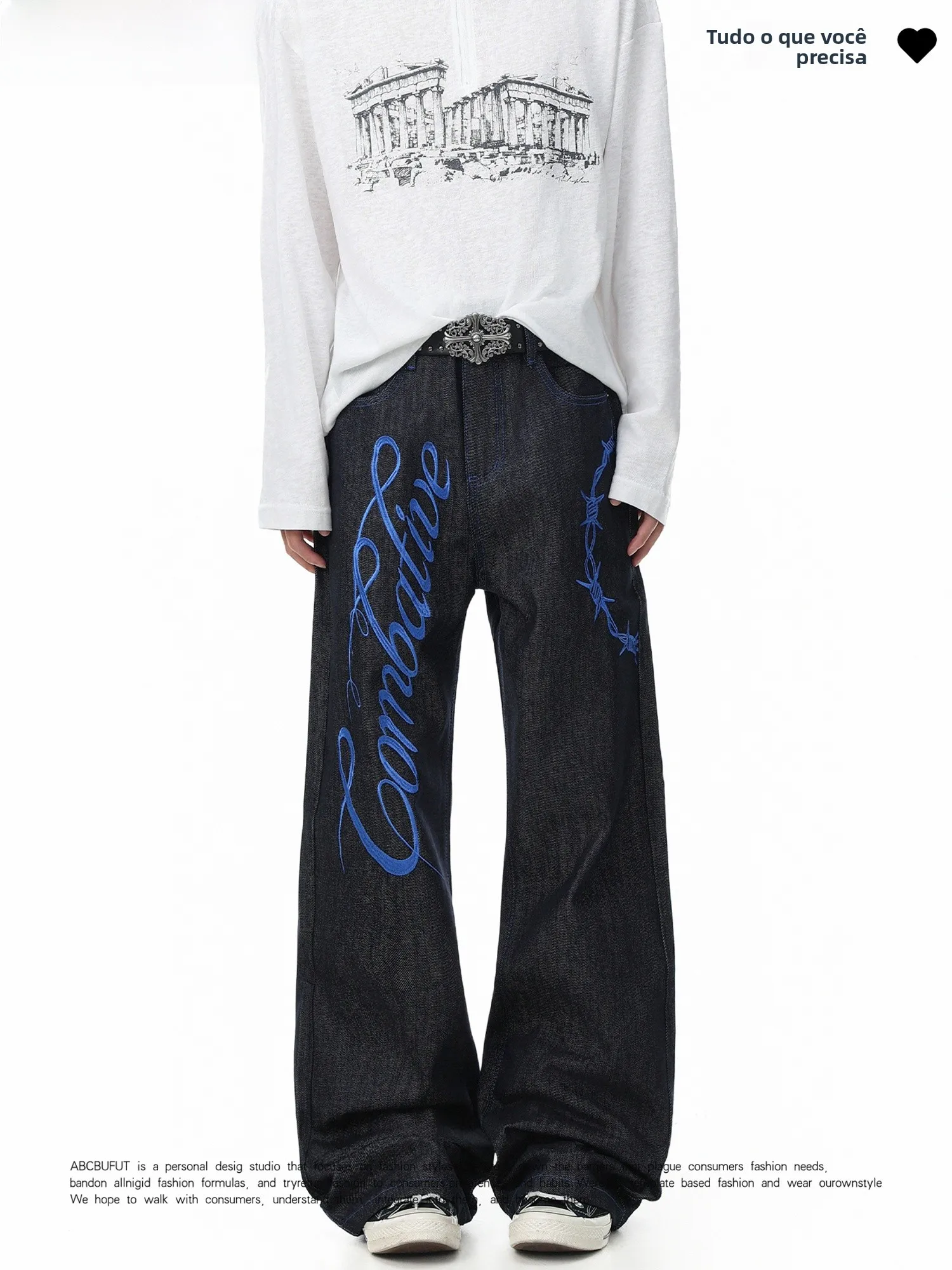 Calça Jeans Unissex Estilo Americano com Estampa de Letras, Corte Reto, Ajuste Solto, Retrô, Cintura Baixa, Fechamento com Zí...