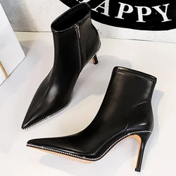 BIGTREE Shoes Rhinestones Women Boots Side Zipper Leather Boots Sexy Stiletto High-heel Boots Plus Size Women's Ankle Boots 2023