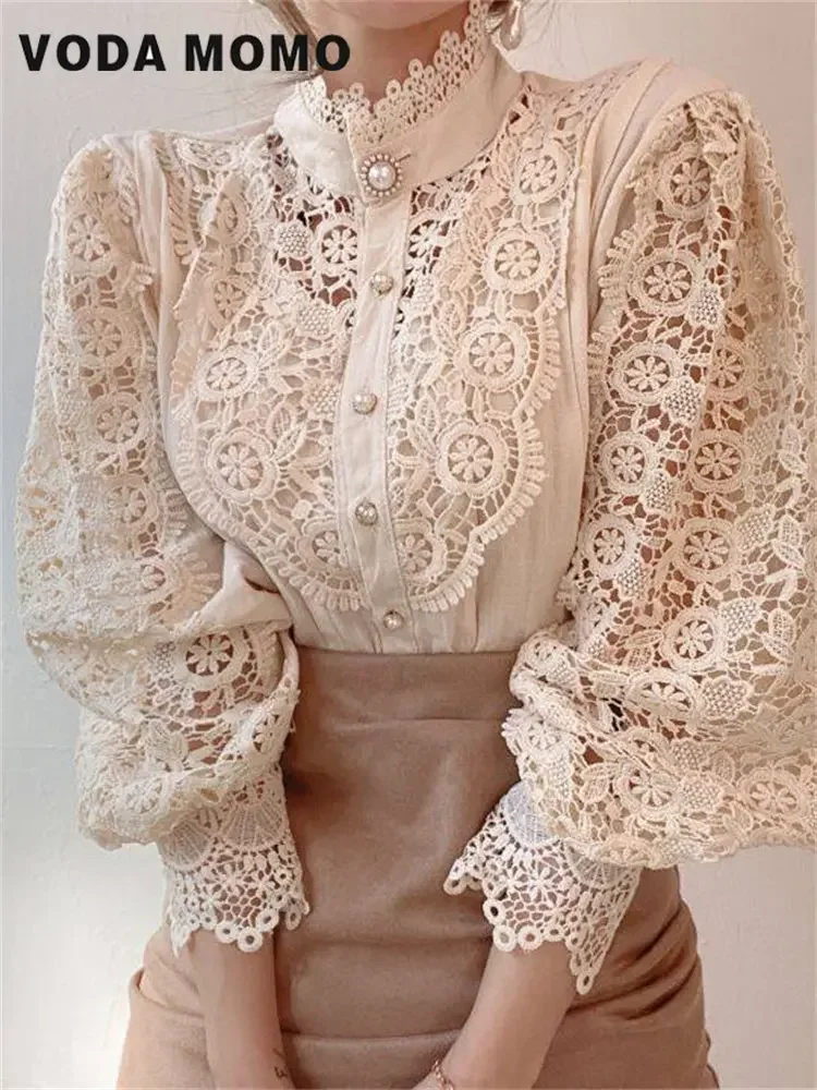 

2023 New Korean Elegant Button Loose Shirt Tops Female Hollow Casual Ladies Blouses Vintage Solid Color Lace Blouse Shirts Women