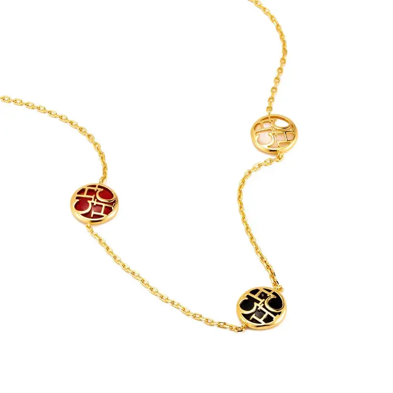 CH Brass Collar Cosplay Accessory Three-Ring Symmetrical Pendant Red Enamel Hollow Mother-of-Pearl Horror Costume Prop