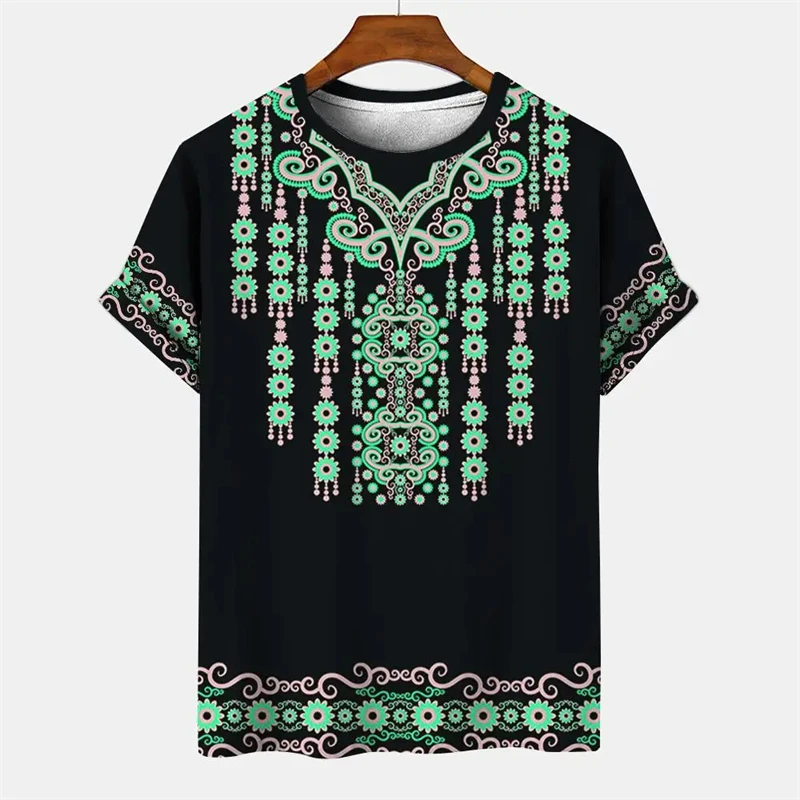 Summer Men\'s Vintage T-shirt African Tradition Stripe Printed Ethnic Style T Shirts Street O-Neck Short Sleeve Holiday Tees Tops