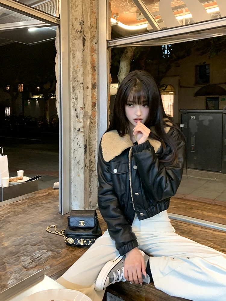 

Винтажное пальто Sister Titi Thiened ort, женское теплое меховое кожаное джинсовое пальто с большим воротником в стиле ретро, зимняя верхняя одежда