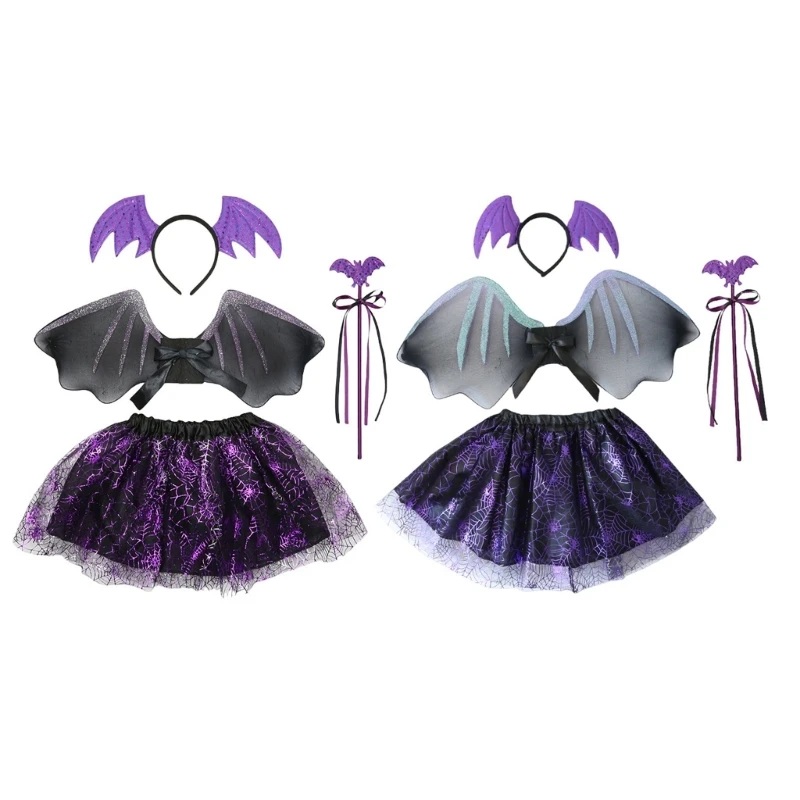 95AB Set 4 costumi da pipistrello per Halloween Accessori per costumi da pipistrello pipistrello, gonna, bacchetta per