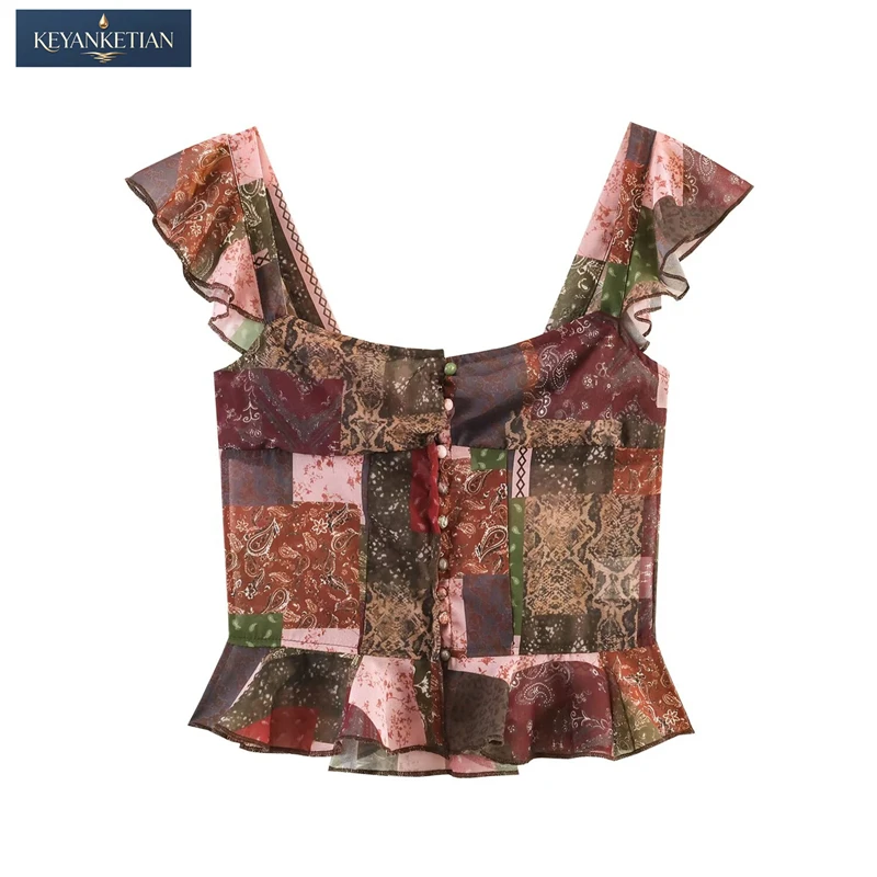 KEYANKETIAN 2026 Boho Patchwork Ruffled Camisole Top Slim Fit Square Neck, Front Button Placket Peplum Hem Sleeveless Vest