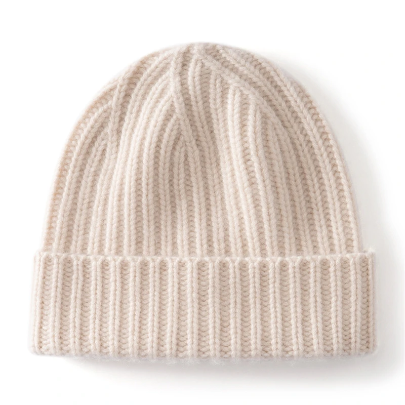 KOIJINSKY 100% Pure Cashmere Beanie Hat Women Chunky Ribbed Fold Cuff Warm Winter Thick Knit Cap
