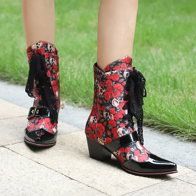 2024 new spring autumn women ankle boots plus size 22.5-28cm Printed flowers European and American style boots short boots