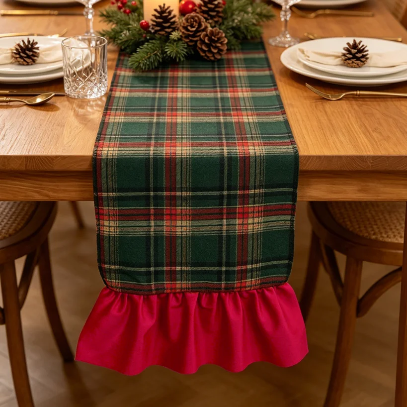 Christmas Plaid Table Runner with Red Ruffle, Vintage Green Tartan Table Runner Xmas Holiday Dining Table Decor Home Party Decor