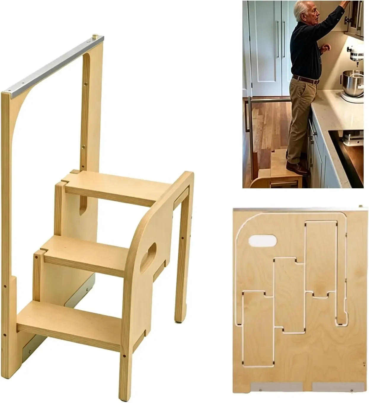 Wooden Foldable Hidden Step Ladders for Adults Saving Space Wood Folding Step Stool for Kids, Step Stool Helper, for Home & Kitc