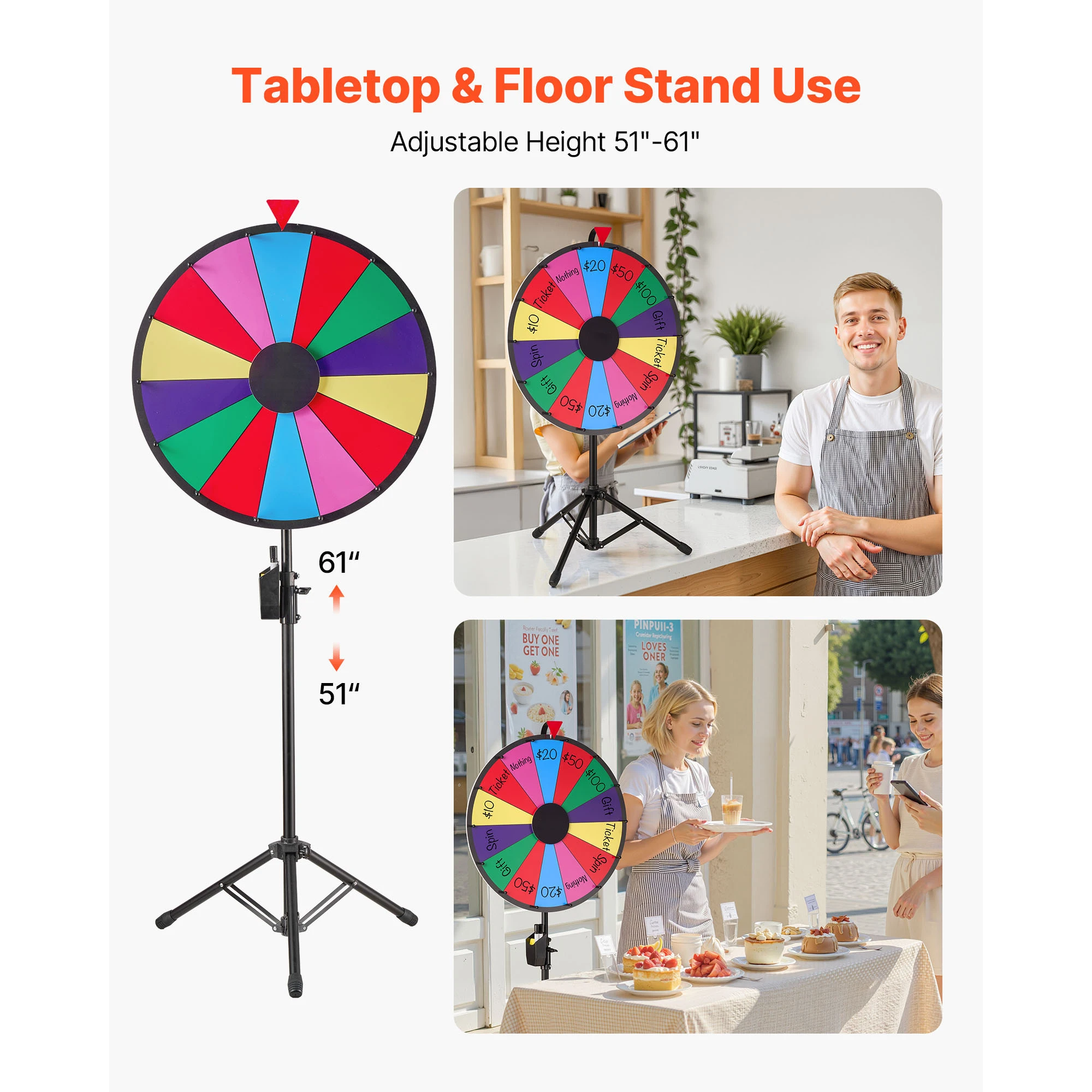24 in Spinning Prize Wheel, 14 Slots Spinning Wheel with Tripod, Adjustable Height Win Fortune Roulette with a Dry Erase and 2 Markers, 6 Colors, Easy Assembly