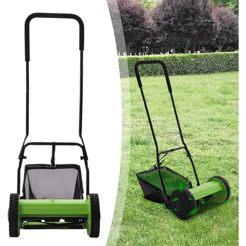 

12-Inch Manual Lawn Mower with Grass Catcher, 5 Steel Blades, Adjustable Height