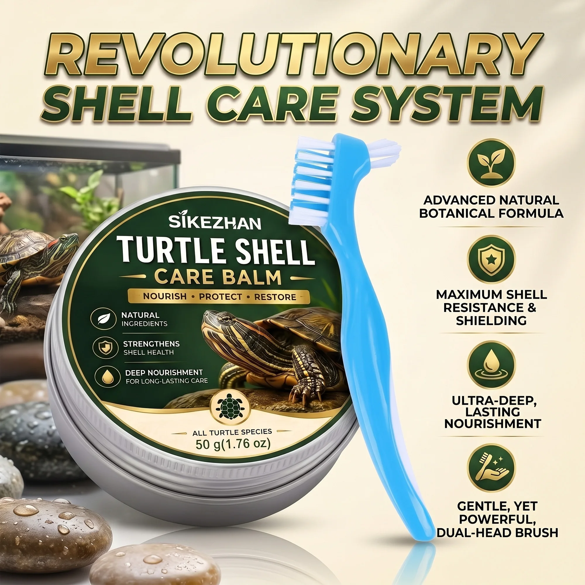 Turtle Shell Care Balm with Dual-Head Brush Natural Reptile Shell Conditioner Deep Nourishment Cream for All Turtle Species 50g