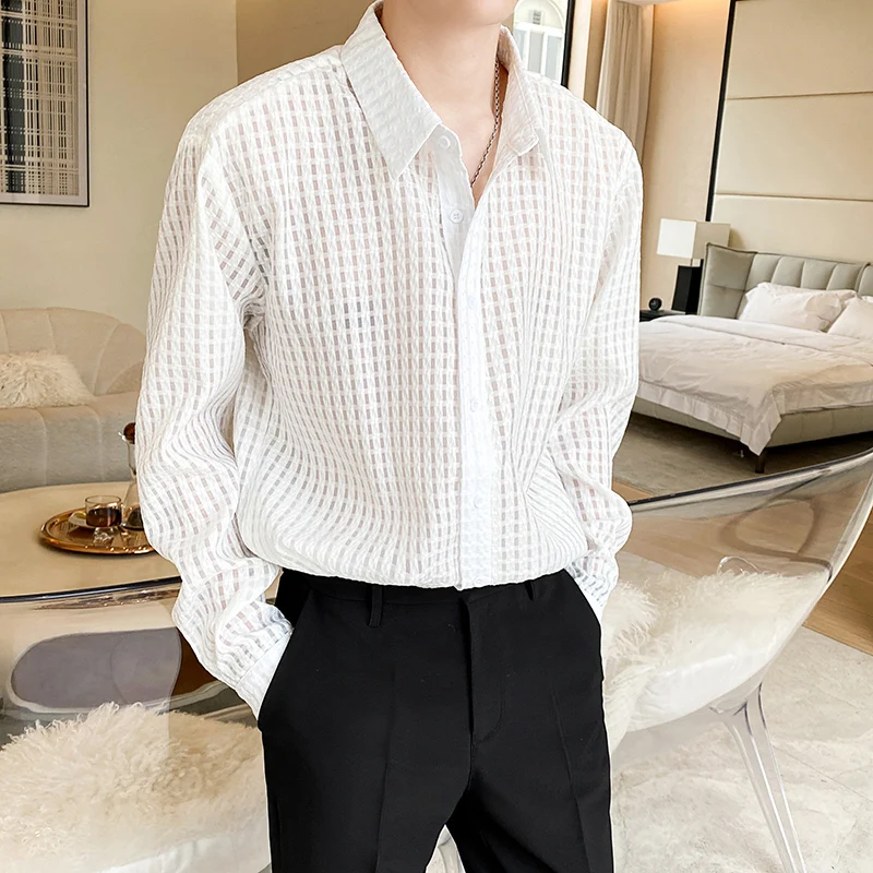 

2024 Summer Mesh Perspective Shirt for Men Long Sleeve Loose Casual Shirts Fashion Sunscreen Breathable Shirt for Streetwear