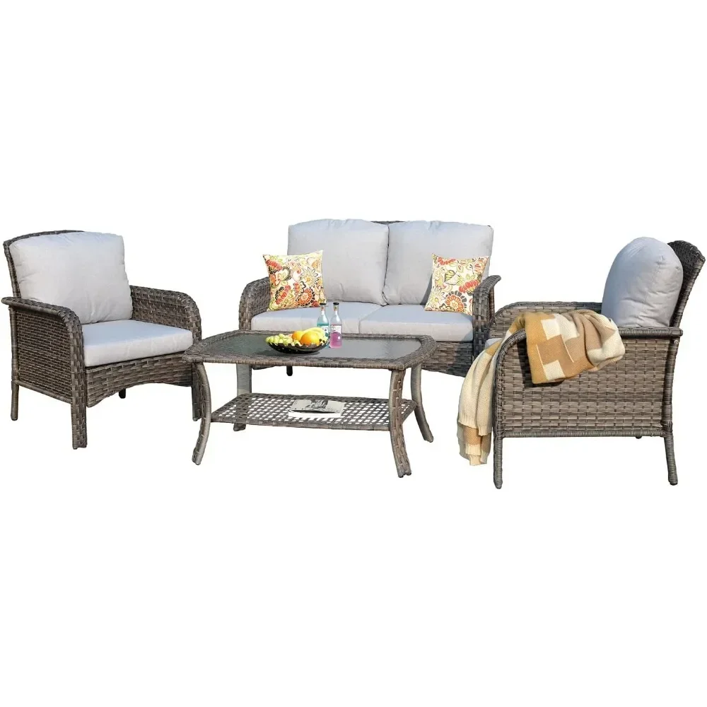 XMSJ Outdoor Sofa Sets, All Weather Wicker Set com Loveseat, Cadeiras e Mesa de Café, Outdoors Garden Sofás Sets