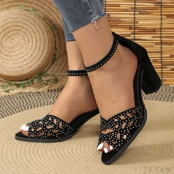 2024 Summer New Women's Shoes Fashion Stiletto Rhinestone Hollow Fish Closed Toe Sexy Dance Shoes Plus Size 43 Ladies Sandals