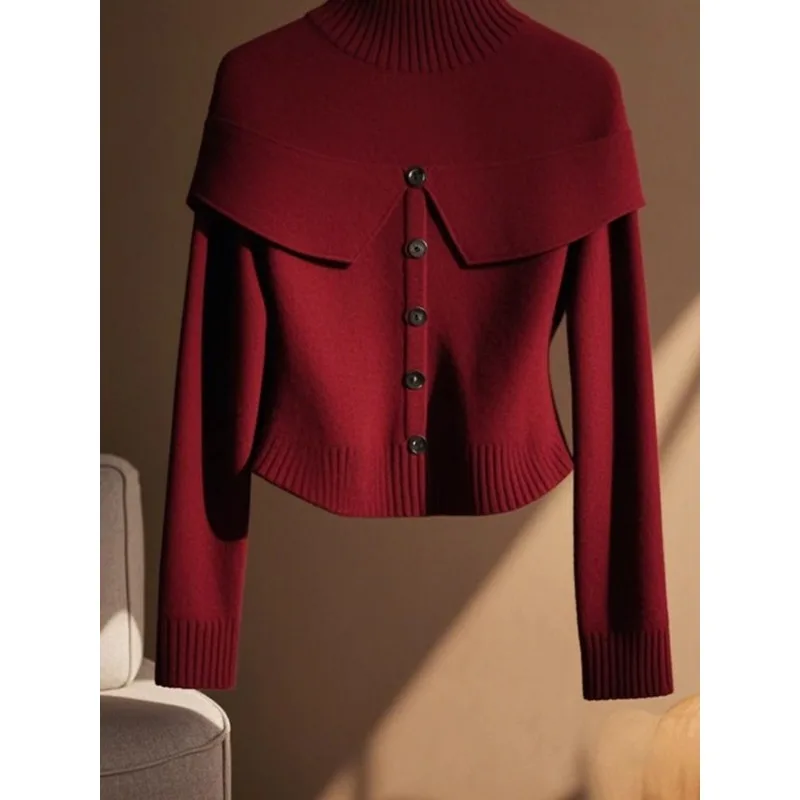 This Year's Pop Pop Ancora Red Knit Sweater Women's Spring and Autumn Temperament Slimming All Match Slim Knit Sweater Trend