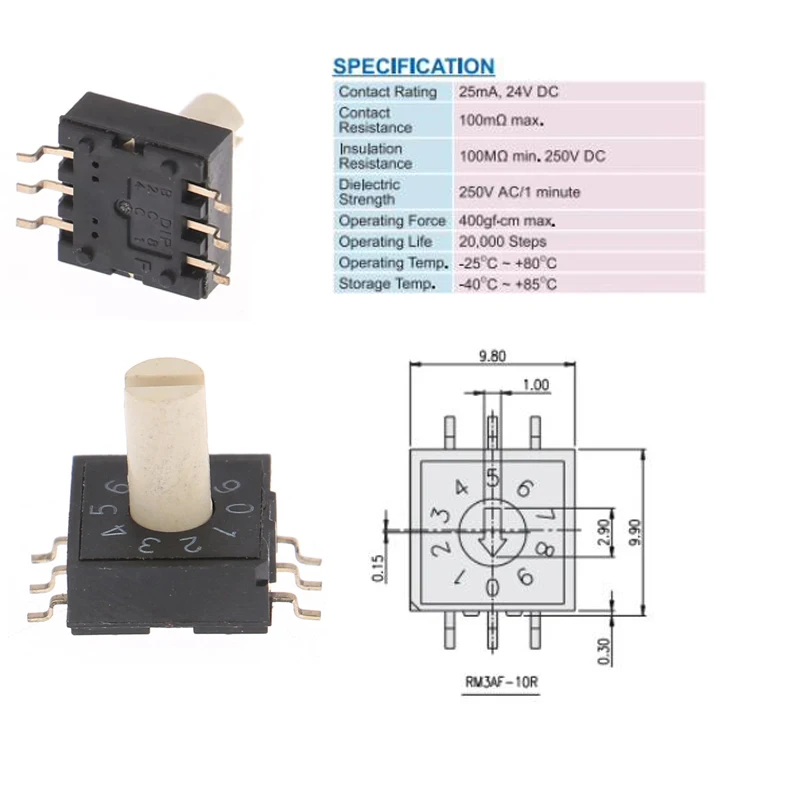 RM3HAF-10R Rotary DIP Switch, 0-9 Digital Code Switch 10 Position 3-Pin with Handle 3:3 Circuit PCB Mount Encoder