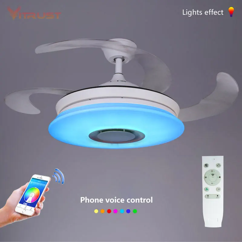 Retractable Music Ceiling Fan with RGB LED Light APP+ Remote Control Smart Pendant Fan for Dinning Room