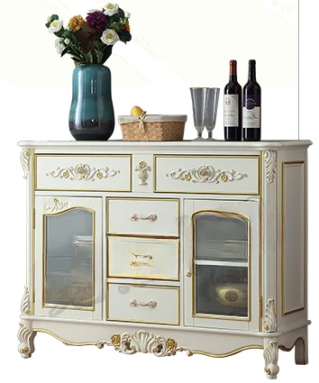 

Solid Wood Sideboard White Marble Top Storage Display Wine Cabinet Glass Vintage