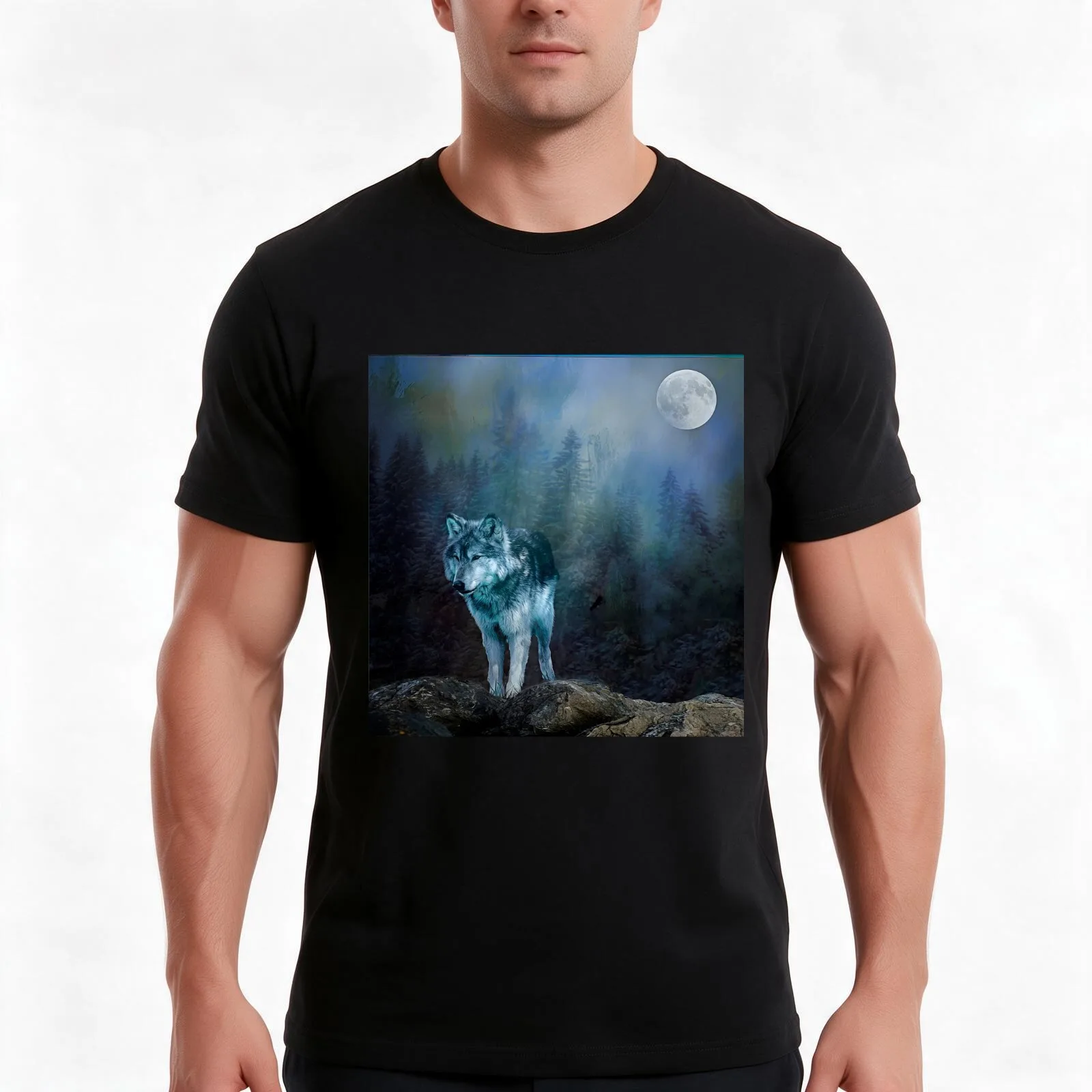 Lone Wolf Moon T-Shirt, Summer Casual Cotton Tee, Oversized Streetwear Tops, Vintage Graphic Print, Loose Fit Short Sleeve