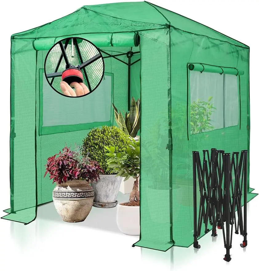 

8x6 Portable Walk-in Greenhouse Instant Pop-up Outdoor Plant Gardening Green House,Roll-Up Zipper Entry Doors & 2 Side Windows