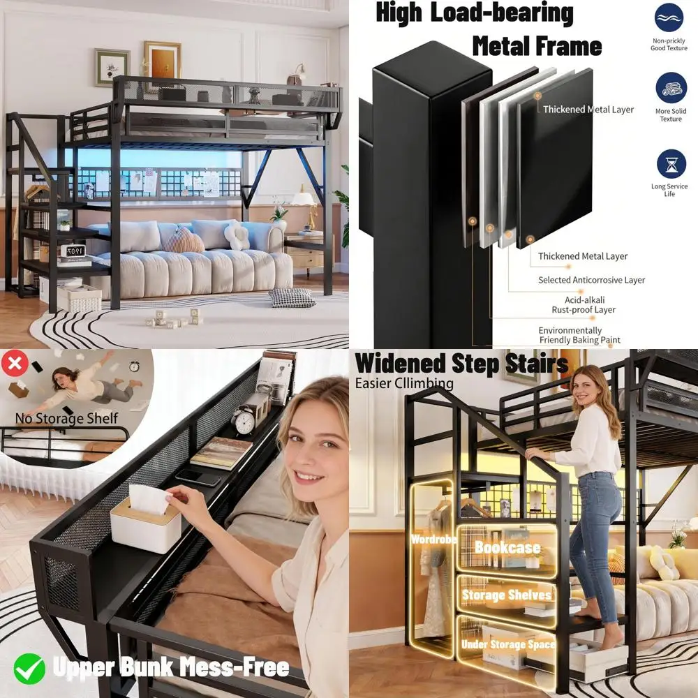 

Black Metal Queen Size Bed with Staircase, LED Lights, Storage Shelves, Wardrobe for Adults and Kids