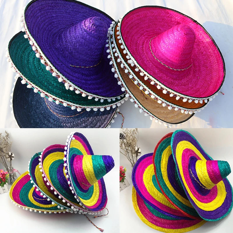 New Mexican Style Straw Hats Wide Brim Sun Hat Men Women Summer Outdoor Cool Raffia Sombrero Colorful Halloween Party Cap