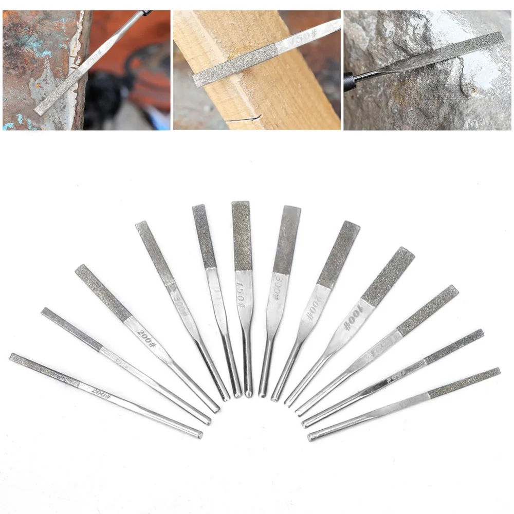12pcs 3mm Shank Taper Machine Files Multi Grit 100 150 200 300 Grit Precision Needle File Set Shank Taper Files Stone Carving