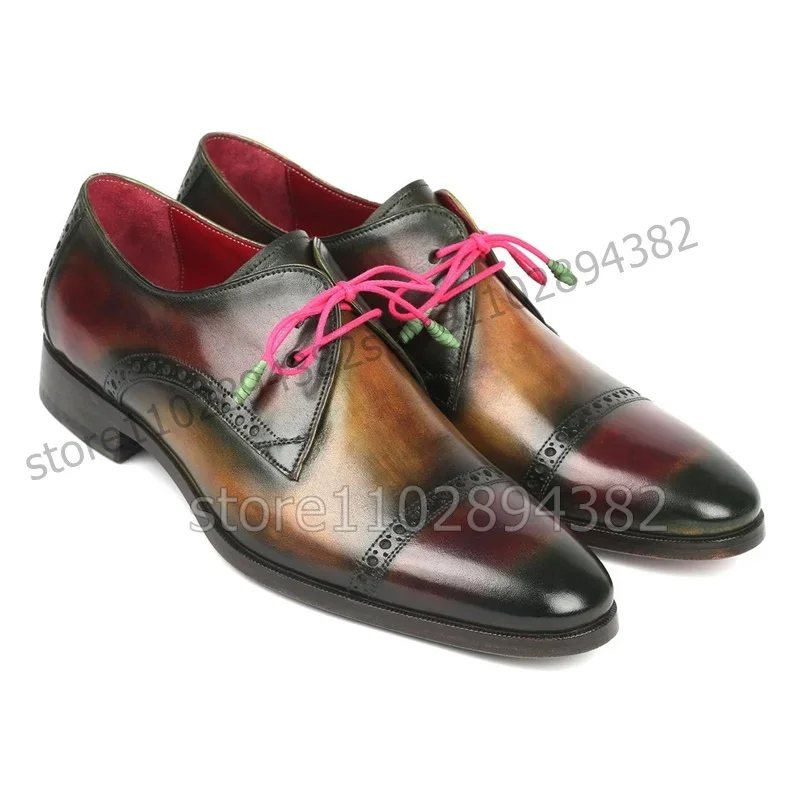 

Mixed Gradient Color Carving Design Men Derby Shoes Fashion Lace up Men Shoes Luxurious Handmade Party Banquet Men Dress Shoes