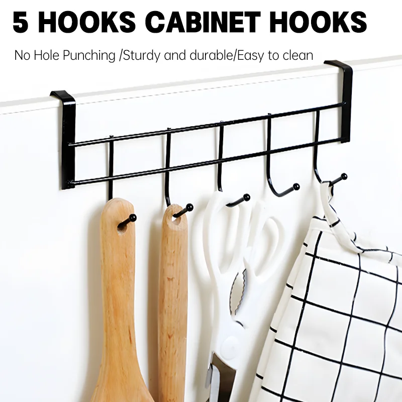 

1/2pcs Stainless Steel 5-Hook Cabinet Hooks Punch Free Rust-Resistant Storage Rack for Behind Door Kitchens Cabinet and Bathroom