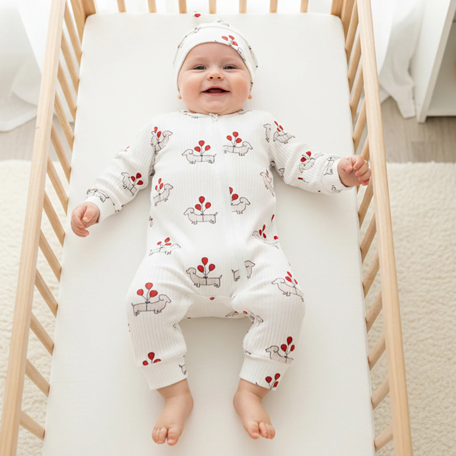 الوليد الطفل الخريف الزي الكلب بالون/منقوشة طويلة الأكمام الرمز البريدي رومبير مع قبعة معقود 2 قطعة مجموعة للرضع بنين بنات