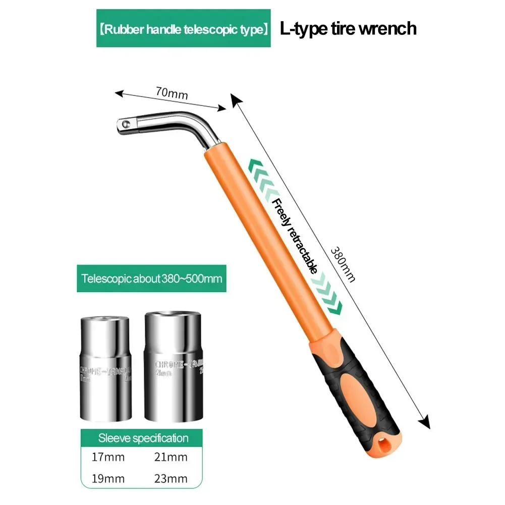 1set Telescopic Lug Wrench, Wheel Wrench With Socket Wrench 17mm 19mm 21mm 23mm Car Repair Wrench L-type Socket Hand Tools