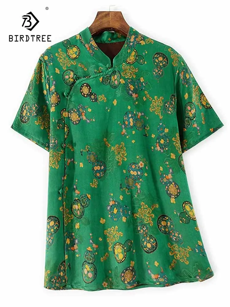 

BirdTree-Watered Gauze Silk Elegant Shirt, Women Stand Jacquard Button, Retro Commute Loose Blouse, 2025 Summer New T57559CC