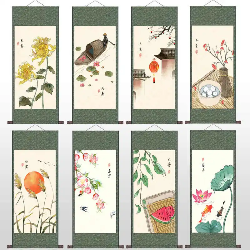 24 Solar Terms Flower and Bird Wall Art Scroll, Traditional Chinese Painting Hanging Scroll for Home Decor