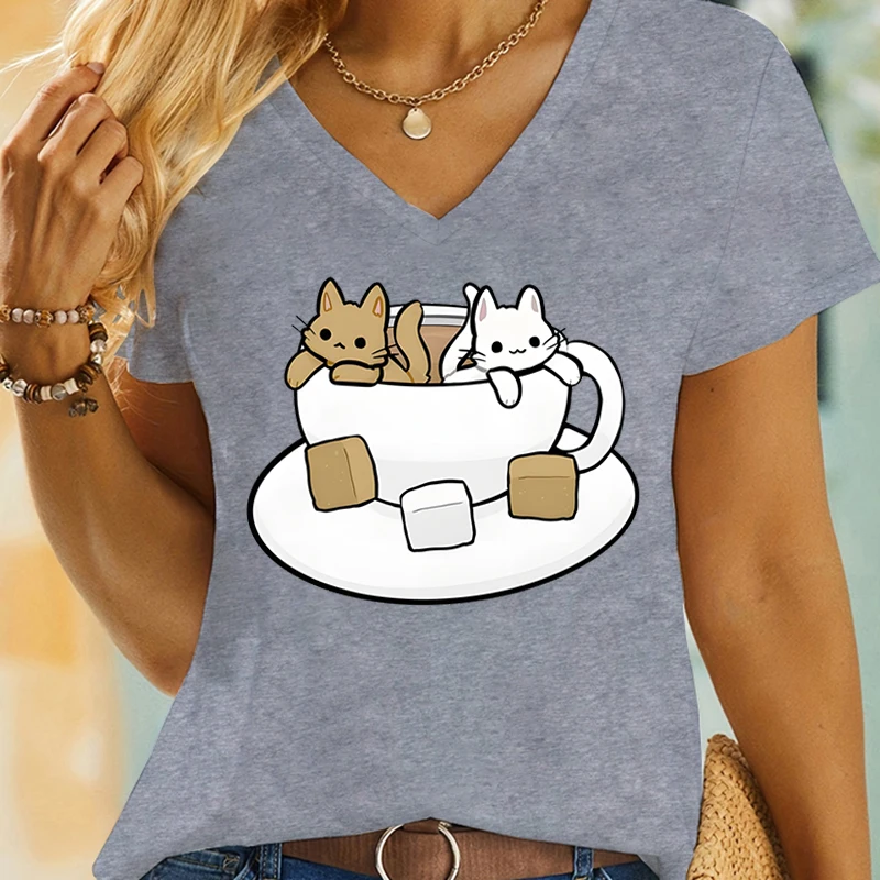 Girls Clothing Kawaii Cartoon Tea Cats Print Short Sleeve T-shirt Cute Cat Lover Gift for Women Cartoon Anime Fashion Casual Top