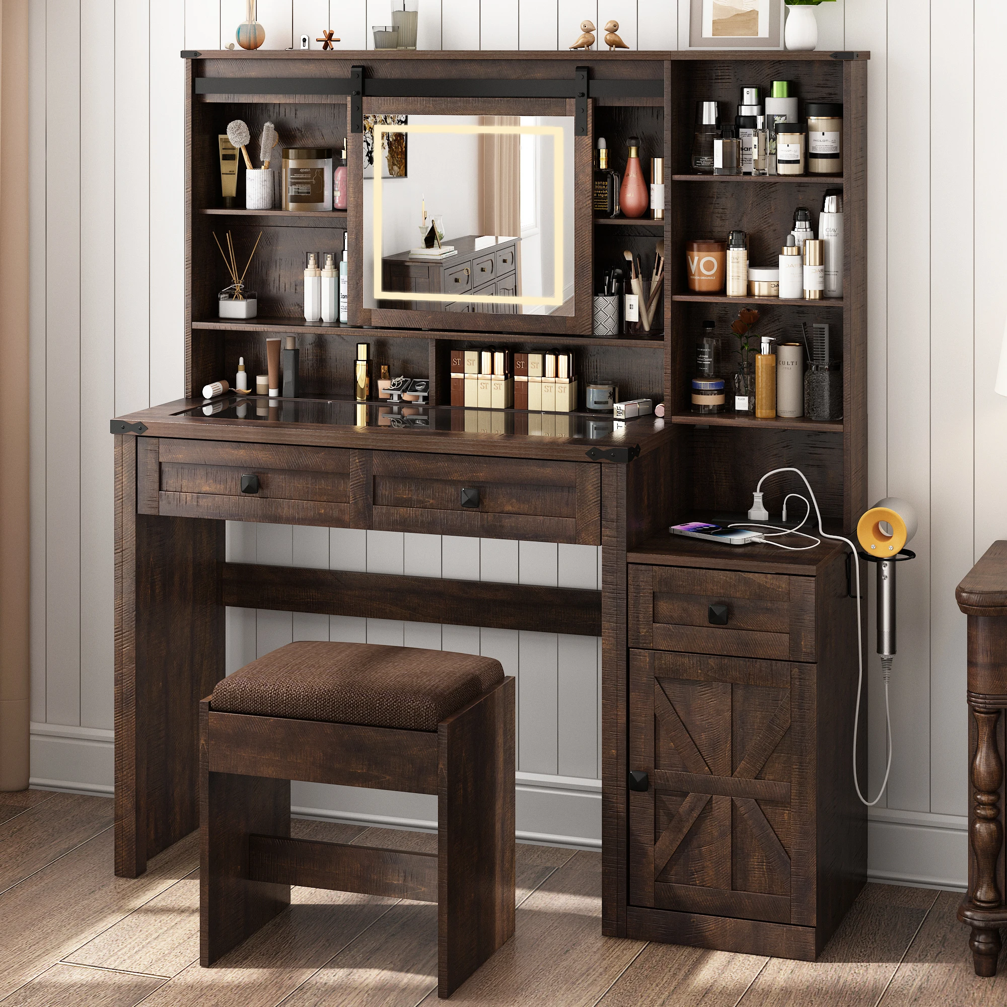 Vanity Desk with Mirror and Lights Farmhouse Makeup Vanity with Charging Station, 3 Lighting Colors, Makeup Desk Dressing Table