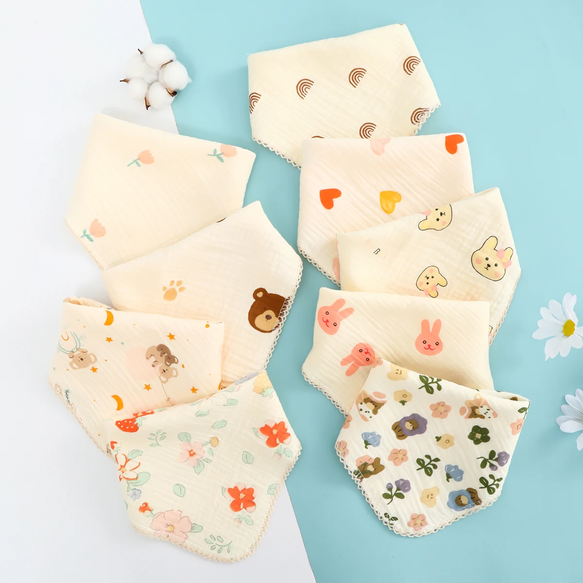 Random pattern 5 gauze cotton small square with buckle multi-functional triangle towel Baby drool towel baby hand towel set