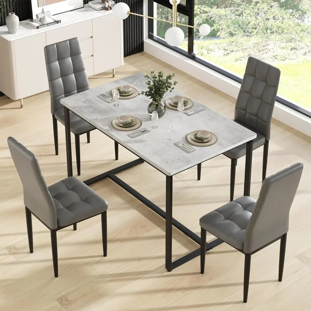 

5-Piece 4-Person Dining Table Set, 47.24-inch Faux Marble Kitchen Dining Table with High-Back PU Leather Chairs
