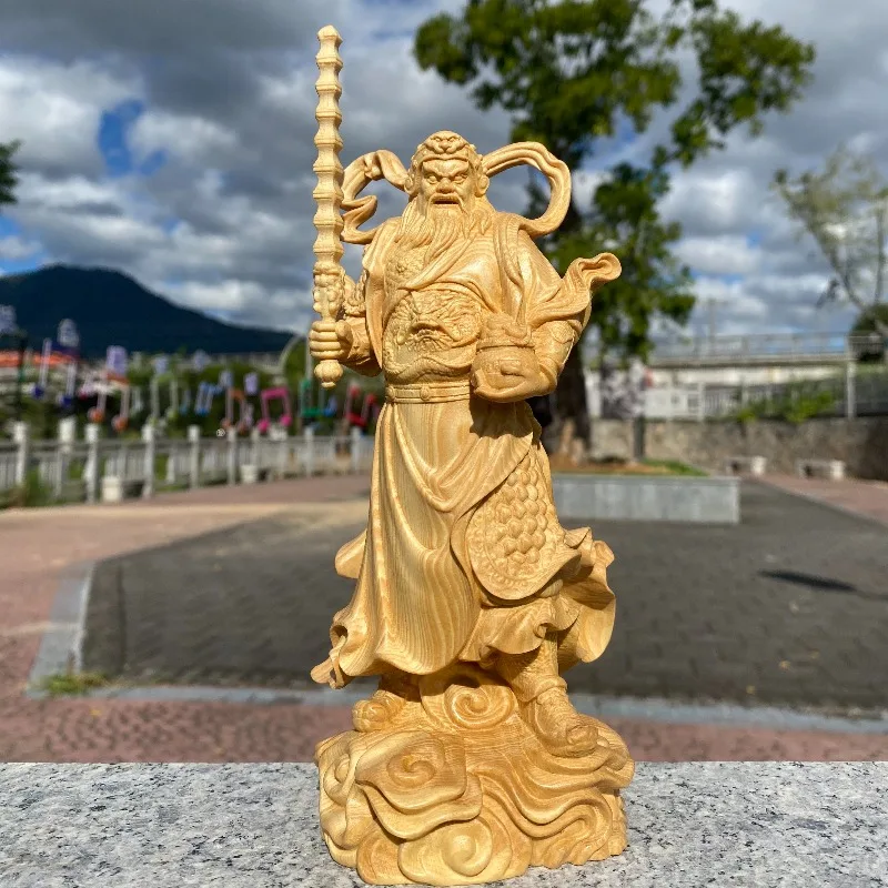 Hand-Carved Hinoki Wood Zhao Gongming Statue - 7.5