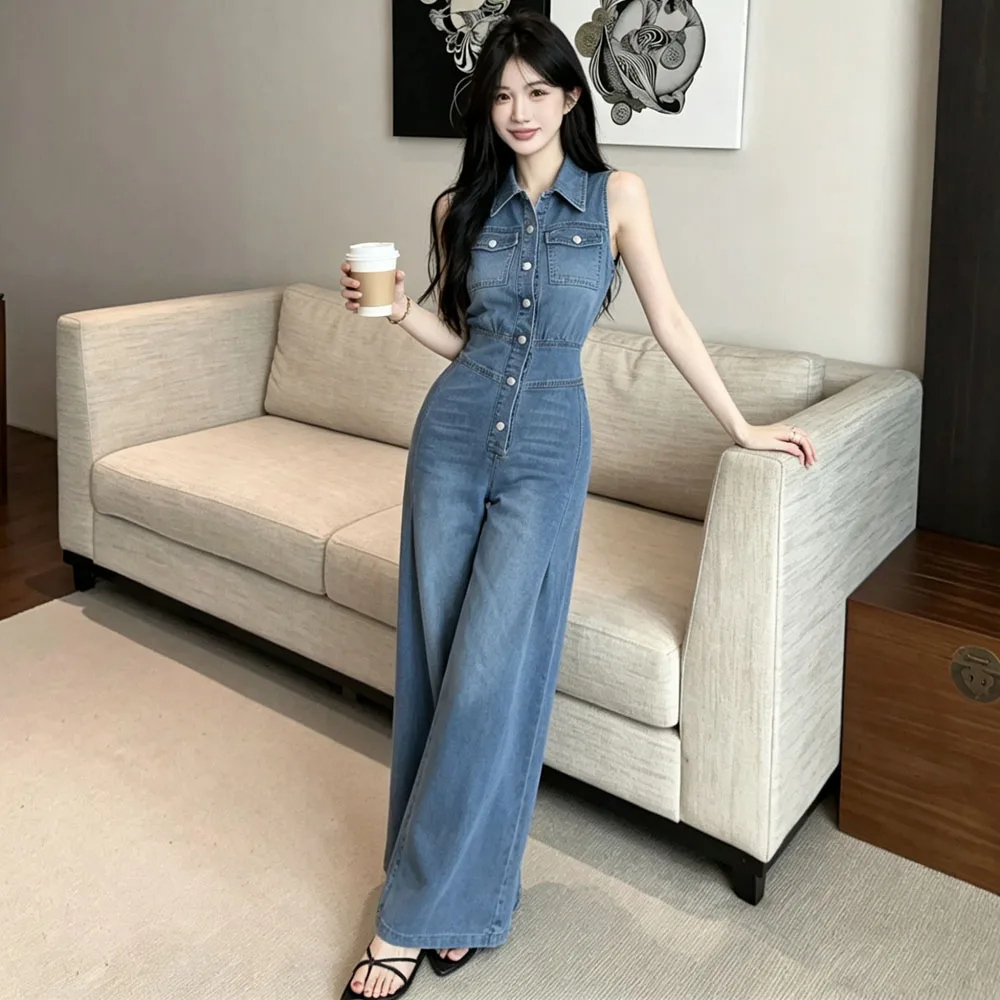 Retro Hong Kong Style Sleeveless Collared Jumpsuit Women's New 2026 High Waist Slimming Waist Wide Leg Jeans Jumpsuit