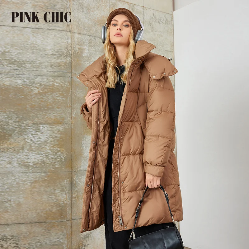 CHIC rosa-parka longa com cadarço com capuz para mulheres, casaco aconchegante e quente, moda feminina casual, inverno, W8258, 2023