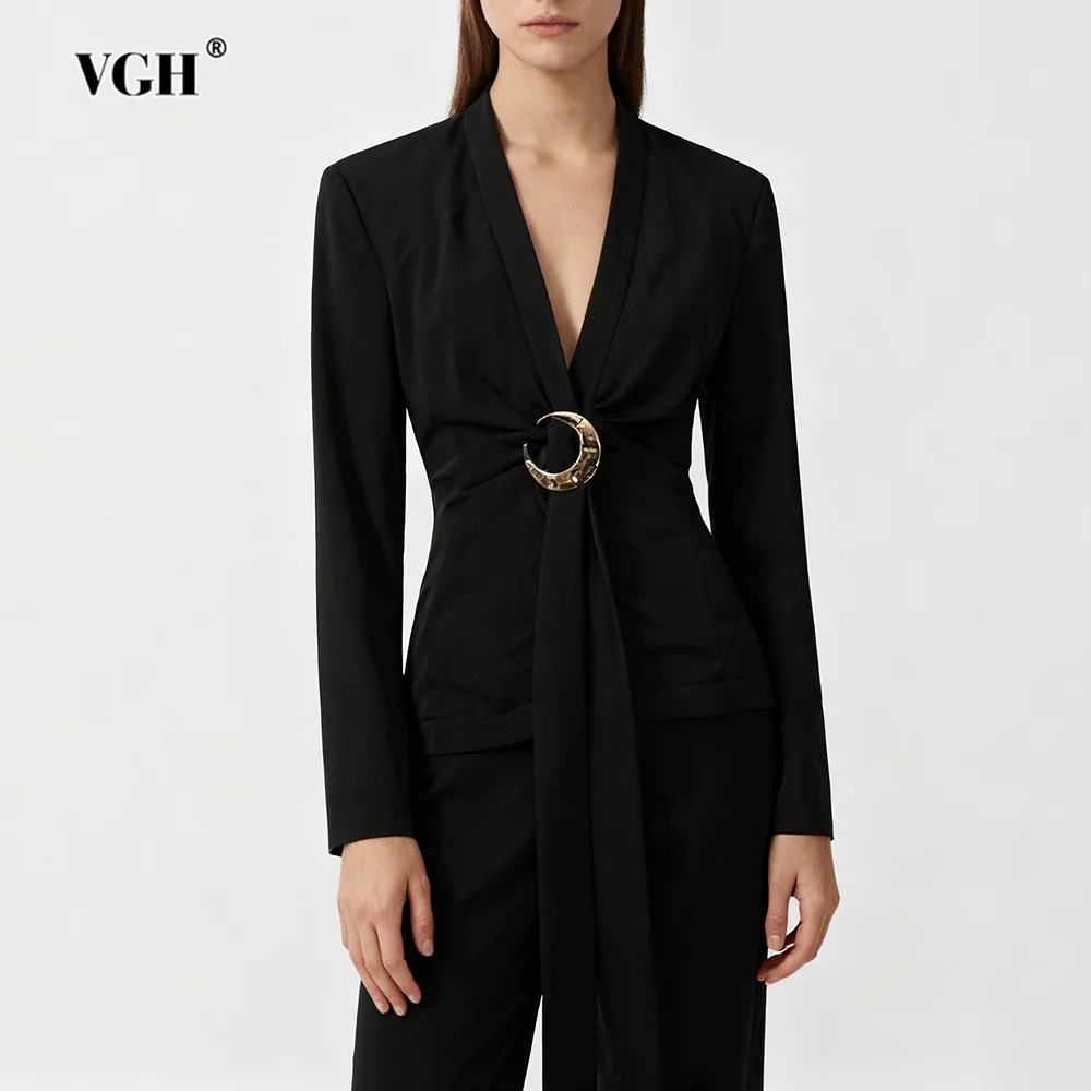 

VGH Designer Folds Slimming Spliced Button Jackets For Women V Neck Long Sleeve Autumn Sexy Party Jacket Female Fashion Style