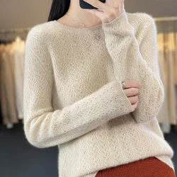 Fashion Women 100% Merino Wool Soft Sweater O-Neck Hollow Out Long Sleeve Pullover Autumn Winter Bottoming Jumper Knitwear Tops