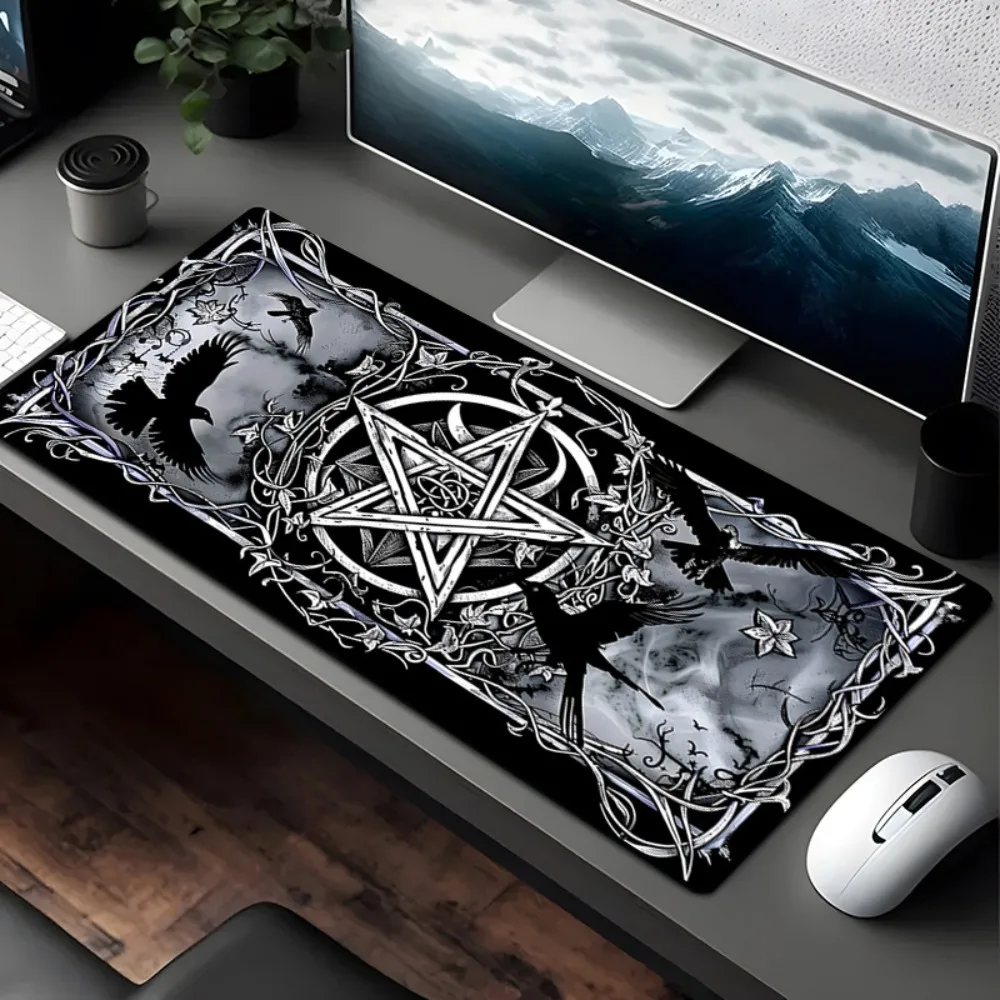 Gothic mysterious game table mat and mouse pad featuring pentagrams, crows, skulls and mysterious symbols art pc accessories
