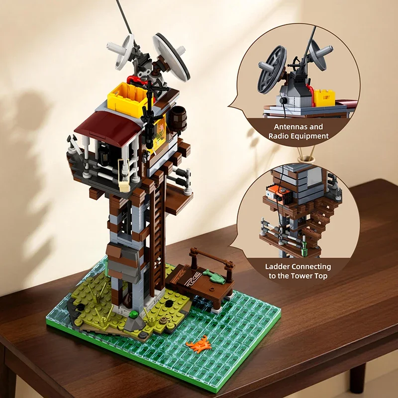 Post-Apocalyptic Outpost Tower Building Blocks MOC Wasteland Survival Radar Station Architecture DIY Bricks Toy Gifts for Adult